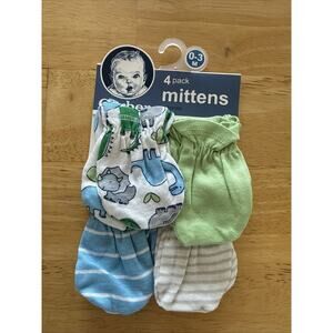 Gerber BOY 4-Pack Blue/Green Dinosaurs Mittens Size 0-3M BABY Gift, NEW